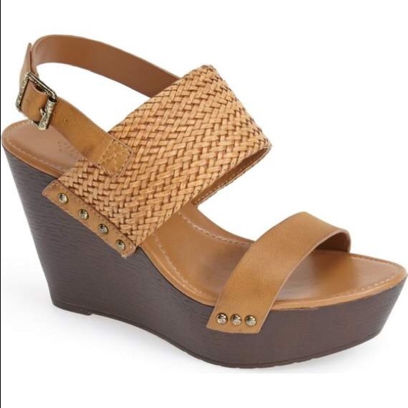 Tan Double Straps Chic Leather Platform Wedges - Picture 4 of 6